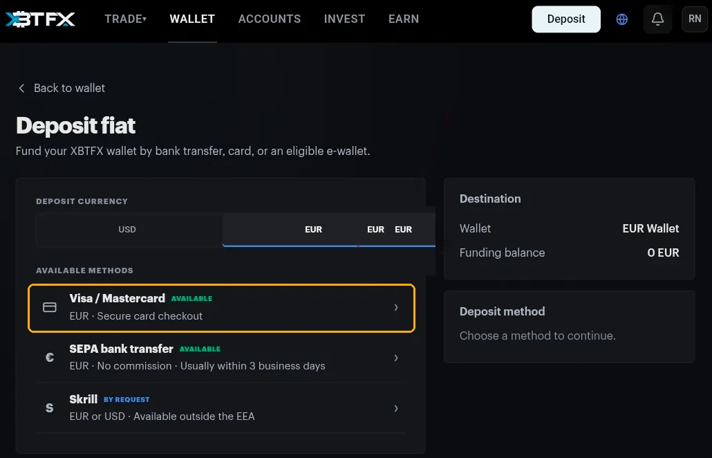The Deposit fiat page, with the USD and EUR currency tabs above the list of available methods and the Visa slash Mastercard row highlighted