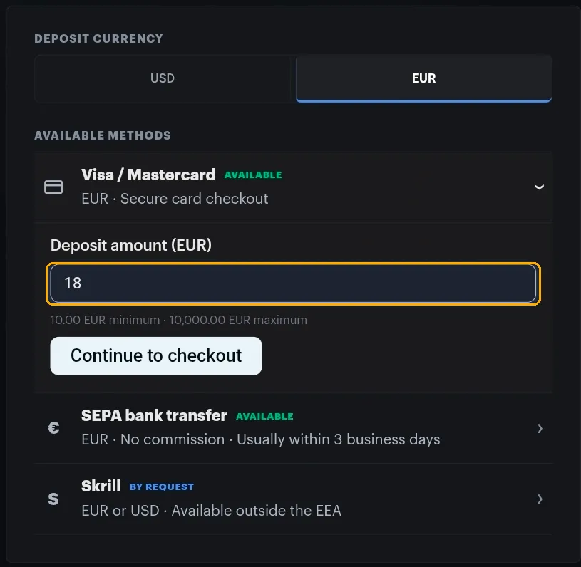 The Visa slash Mastercard row expanded, with the deposit amount field highlighted above the minimum and maximum limits and the Continue to checkout button