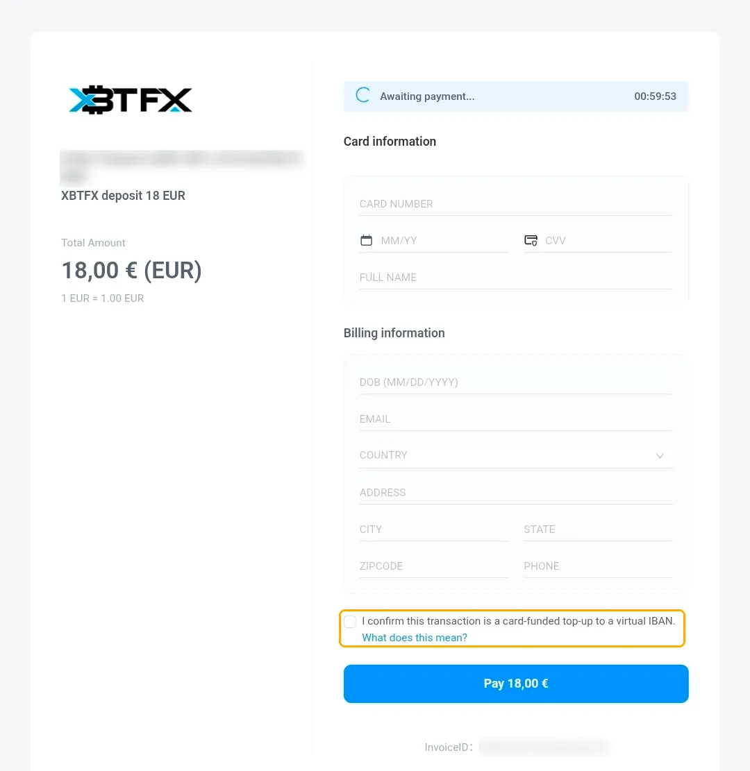The payment provider's checkout page, with the card and billing sections filled out and the virtual IBAN confirmation box highlighted above the Pay button