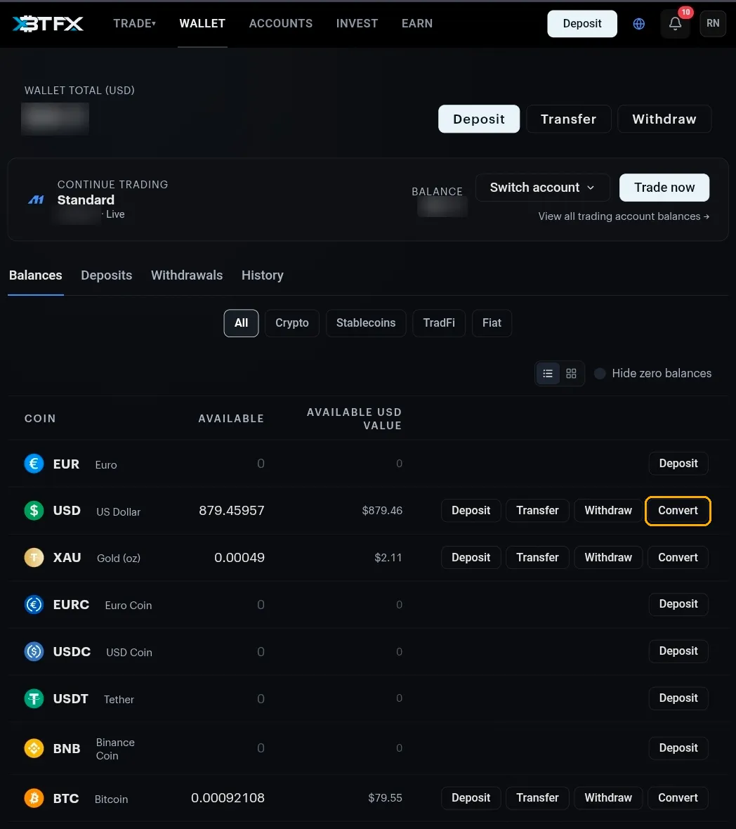 The Wallet page balances list, with the Convert button on the USD row highlighted beside Deposit, Transfer and Withdraw