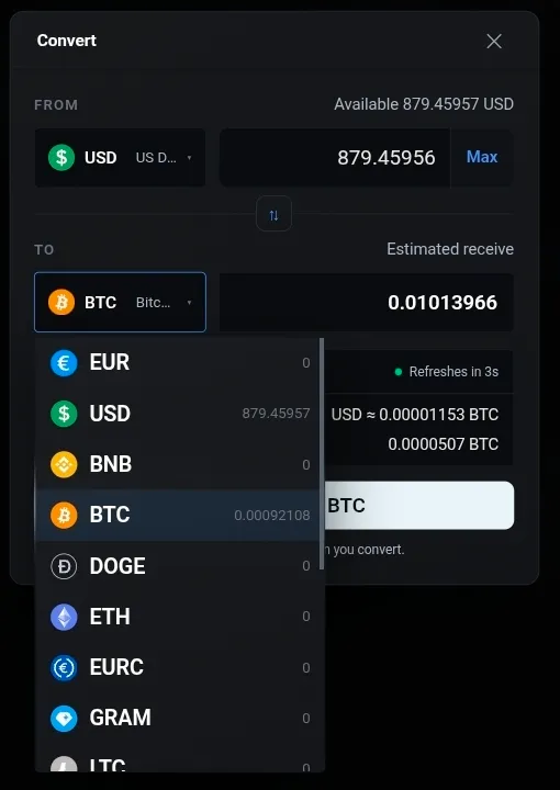 The TO asset picker open, listing EUR, USD, BNB, BTC, DOGE, ETH, EURC and GRAM with the balance held in each