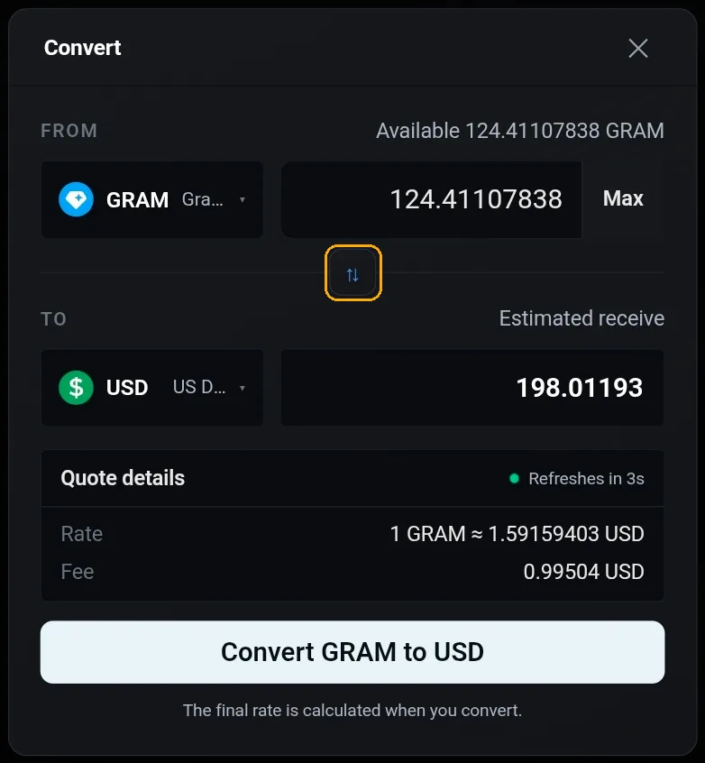 The Convert dialog converting GRAM back to USD, with the swap button between the from and to rows highlighted