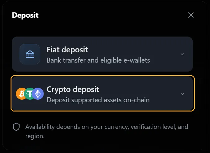 The Deposit dialog, with Crypto deposit highlighted below Fiat deposit