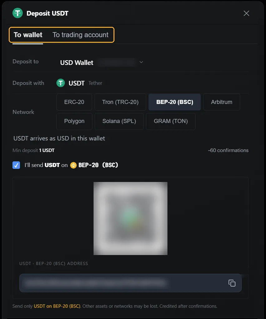 The Deposit USDT panel on the To wallet tab, with the destination tabs highlighted above the wallet, coin, network and address fields