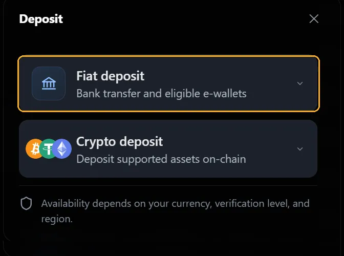 The Deposit dialog, with Fiat deposit highlighted above Crypto deposit
