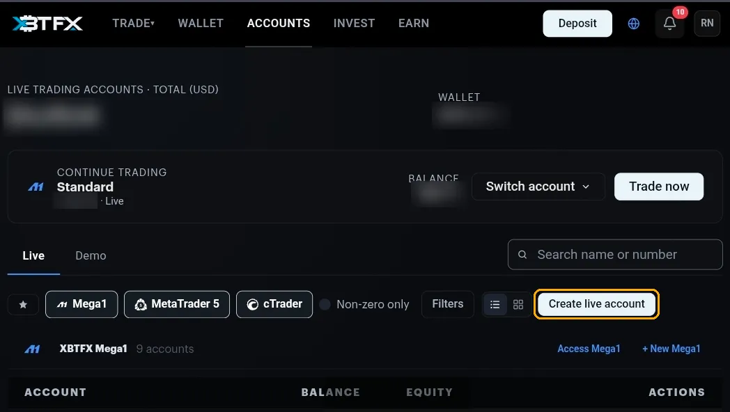The Accounts page in the client portal, with Accounts active in the top navigation and the Create live account button highlighted beside the platform filter chips and the Live and Demo tabs