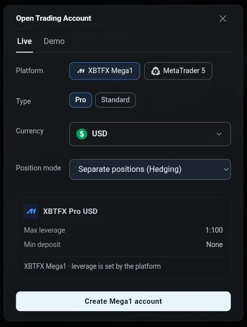 The Open Trading Account dialog on the Live tab, showing the platform, type, currency and position mode fields above the Create Mega1 account button
