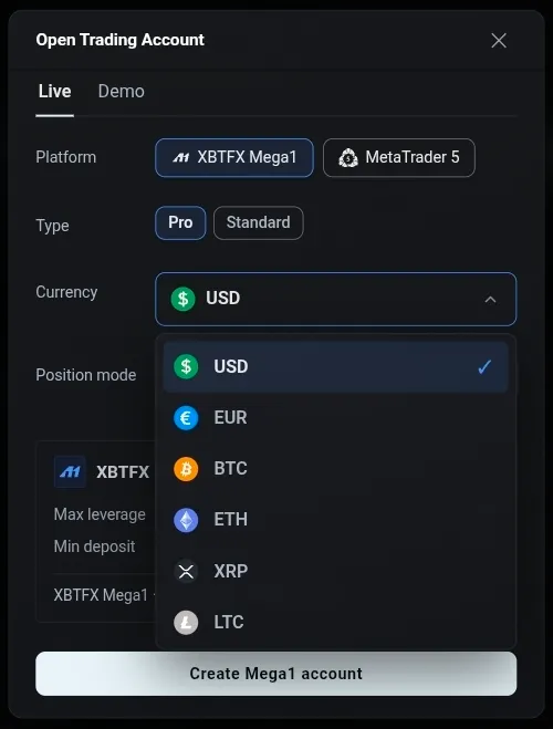 The currency picker open on the Live tab, showing USD ticked above EUR, BTC, ETH, XRP and LTC