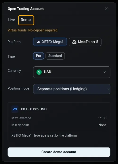 The Open Trading Account dialog with the Demo tab highlighted, showing the virtual funds notice above the same platform, type, currency and position mode fields