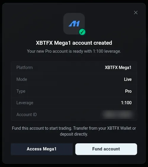 The XBTFX Mega1 account created dialog, listing platform, mode, type, leverage and a blurred account ID above the Access Mega1 and Fund account buttons