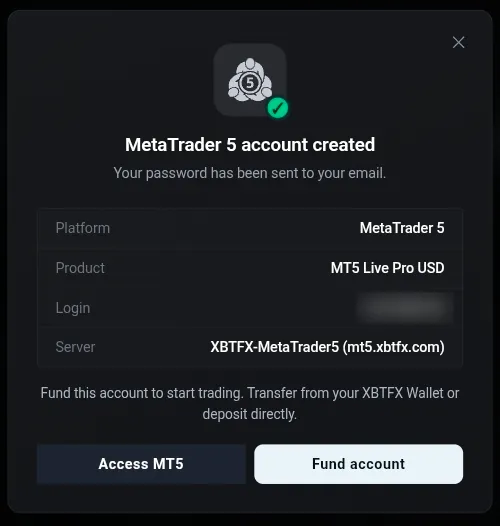 The MetaTrader 5 account created dialog, listing platform, product, a blurred login number and the server name, with the notice that the password was emailed