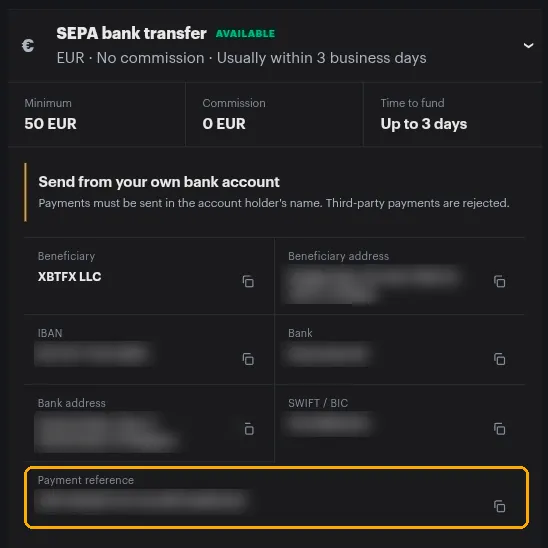 The SEPA bank transfer row expanded, showing the minimum, commission and time to fund, then the bank detail fields with the payment reference highlighted