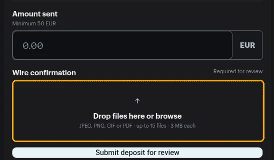 The amount sent field above the wire confirmation upload box, highlighted, with the Submit deposit for review button below it