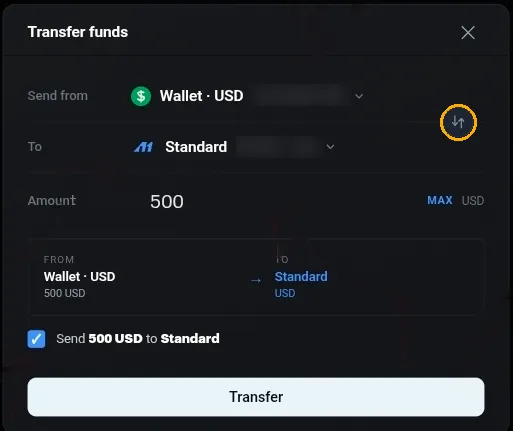 The Transfer funds dialog, with the send from and to pickers, the swap button between them highlighted, the amount field with MAX, and the confirmation line