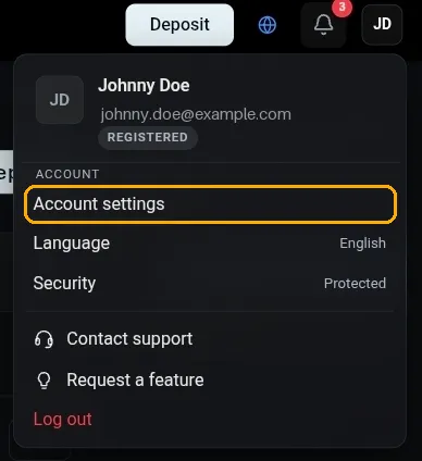 The account menu open in the client portal, with Account settings highlighted below the account name and the REGISTERED level badge