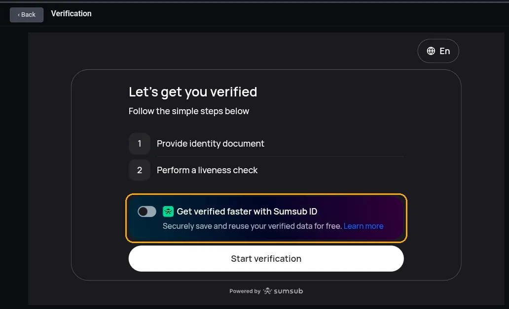 The Sumsub start screen, listing the identity document and liveness check steps, with the optional Sumsub ID toggle highlighted above the Start verification button