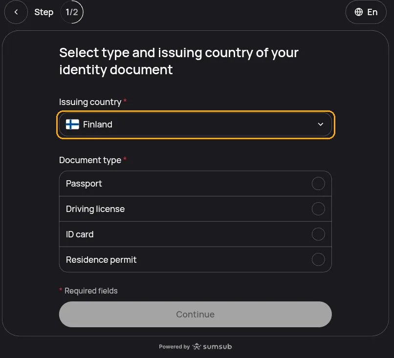 Step 1 of 2, with the issuing country picker highlighted above the document type list of passport, driving license, ID card and residence permit, and the Continue button greyed out