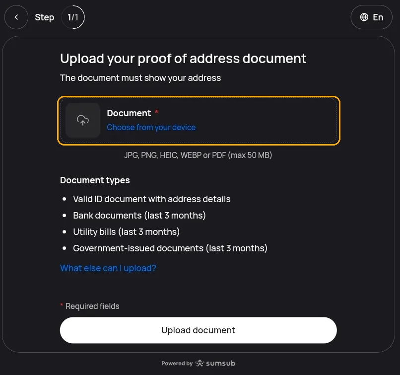 The proof of address upload step, with the Choose from your device card highlighted above the accepted file formats, the document type list, and the Upload document button