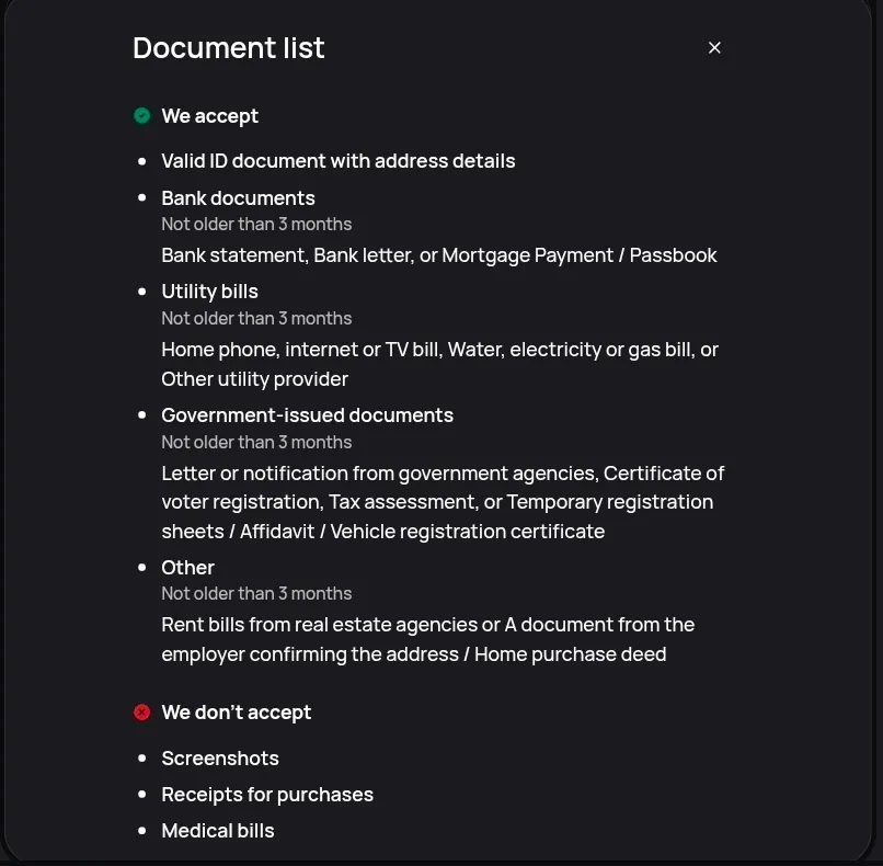 The Document list dialog, showing the accepted categories with their three month limits above a short list of documents that are not accepted