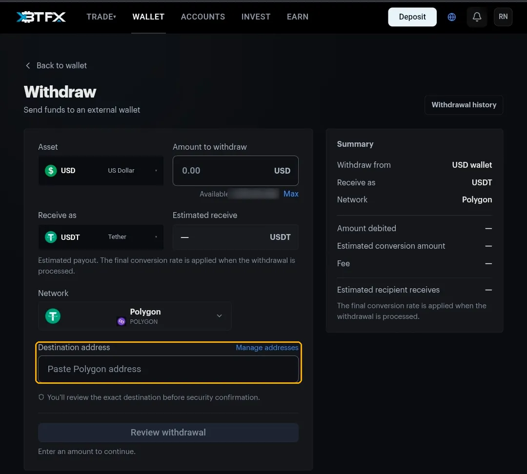 The Withdraw page set to crypto withdrawal, showing asset, amount, receive as, network, and the destination address field highlighted beside the Manage addresses link