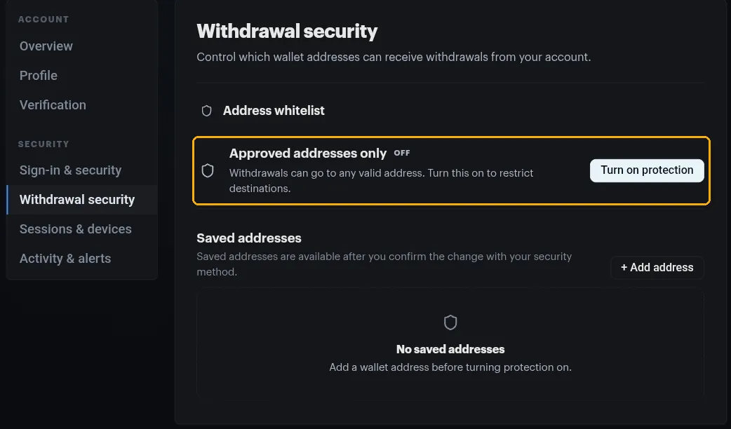 The Withdrawal security page, with the Approved addresses only row highlighted showing it switched off and a Turn on protection button, above the empty saved addresses list