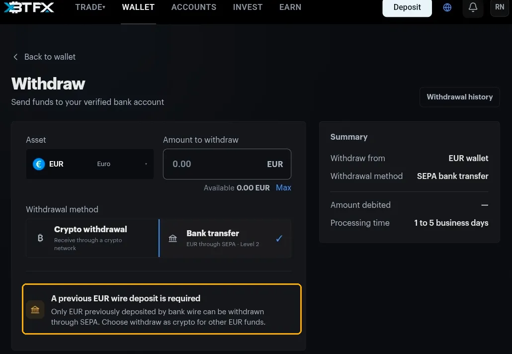 The Withdraw page set to bank transfer, with the notice that a previous EUR wire deposit is required highlighted below the withdrawal method cards