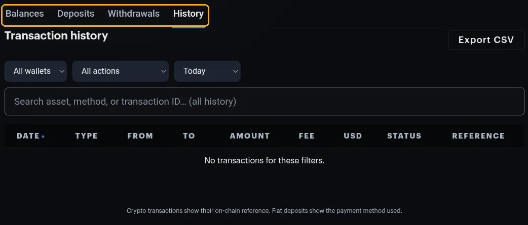 The Wallet page History tab, with the Balances, Deposits, Withdrawals and History tabs highlighted above the wallet, action and date filters and the transaction table